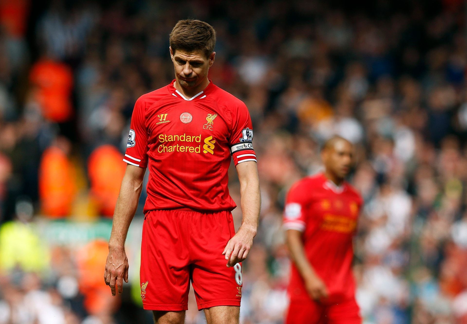 Liverpool's Steven Gerrard reacts following their final soccer match of the Premier League season against Newcastle United which they won 2-1, at Anfield in Liverpool