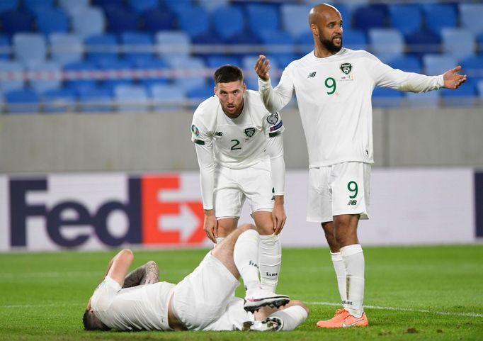 David McGoldrick reacts after Shane Duffy sustains an injury alongside Matthew Doherty