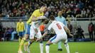 Sweden's Zlatan Ibrahimovic fights for the ball with Czech Republic's Theodor Gebre Selassie and Tomas Sivok during their friendly international soccer match at Friends A