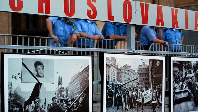 Photographs from the 1968 invasion displayed in front of the parliament