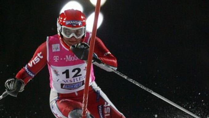Česká slalomářka Šárka Záhrobská na trati závodu v Záhřebu, kde si třetím místem zajela dosavadní maximum v SP.
