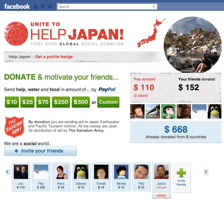 Facebooková aplikace Armády spásy na pomoc Japonsku