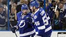 Apr 29, 2015; Tampa, FL, USA; Tampa Bay Lightning defenseman Braydon Coburn (55) is congratulated by center Alex Killorn (17) after he scored a goal against the Detroit R