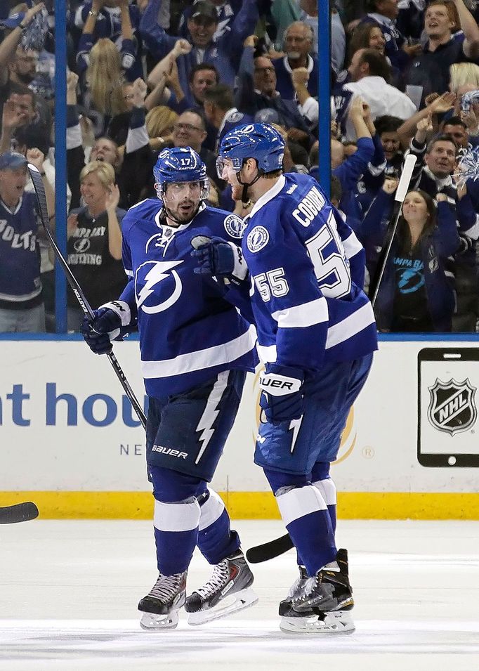 Apr 29, 2015; Tampa, FL, USA; Tampa Bay Lightning defenseman Braydon Coburn (55) is congratulated by center Alex Killorn (17) after he scored a goal against the Detroit R