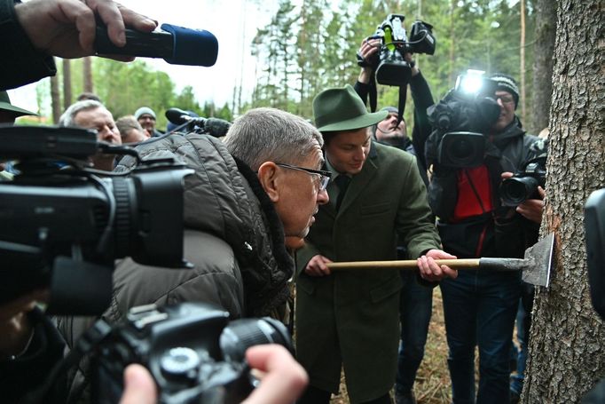 Premiér Andrej Babiš a ministryně financí Alena Schillerová si 15. května 2019 v lokalitě Bílovna nedaleko Bernartic prohlédli lesy zasažené kůrovcem.