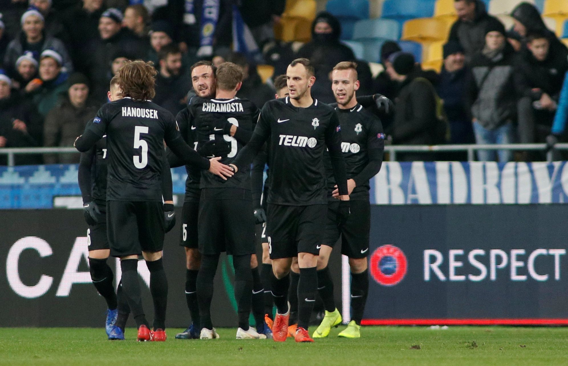 fotbal, Evropská liga 2018/2019, Dynamo Kyjev - Jablonec, radost po gólu Martina Doležala