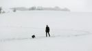 A man walks with his dog through the snow covered landscape in Erling, near Munich October 28, 2012. REUTERS/Michaela Rehle (GERMANY - Tags: ANIMALS ENVIRONMENT SOCIETY) Published: Říj. 28, 2012, 9:42 dop.