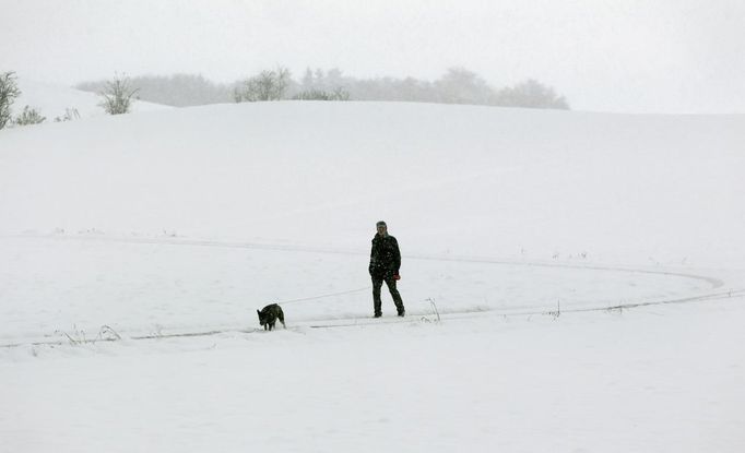 A man walks with his dog through the snow covered landscape in Erling, near Munich October 28, 2012. REUTERS/Michaela Rehle (GERMANY - Tags: ANIMALS ENVIRONMENT SOCIETY) Published: Říj. 28, 2012, 9:42 dop.