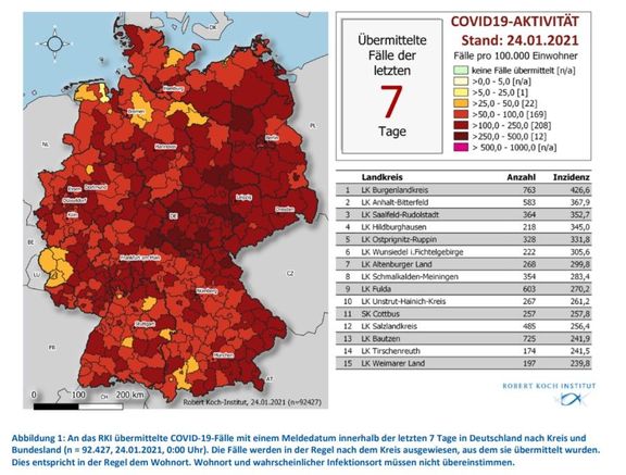 Epidemiologická mapa Německa z 24. ledna.