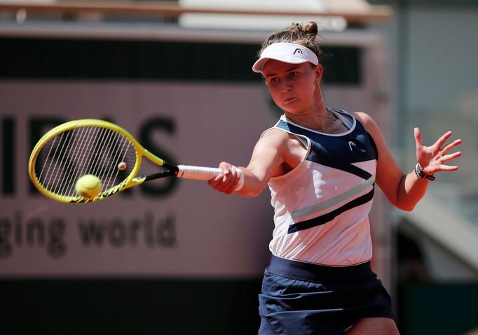 Tennis - French Open - Roland Garros, Paris, France - June 9, 2021 Czech Republic's Barbora Krejcikova reacts during her quarter final match against Cori Gauff of the U.S