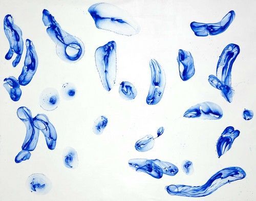 Jiří Georg Dokoupil: Bubbles Blue on White (2008), akryl a mýdlové bubliny na plátně, 285 x 355 cm