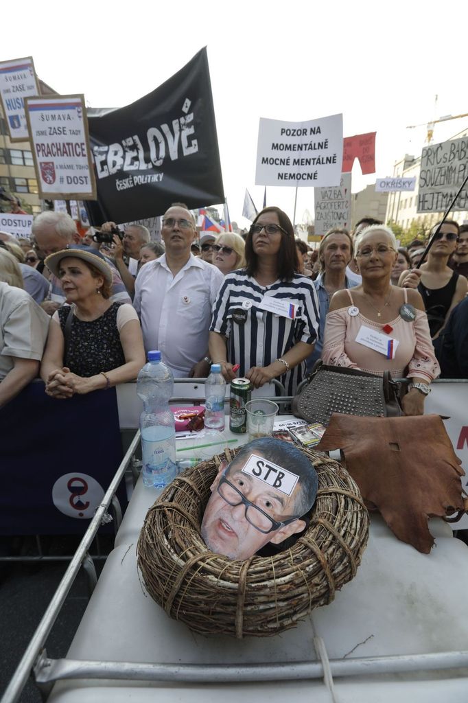 Záběr z demonstrace „Máme toho dost! Chceme demisi!“ proti Andreji Babišovi a Marii Benešové na Václavském náměstí.  4. 6. 2019.