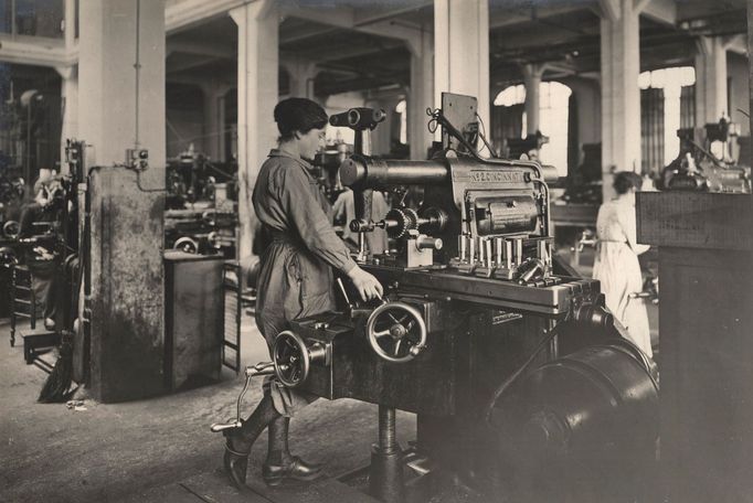 Women work in a munitions factory in France in this 1916 handout picture.