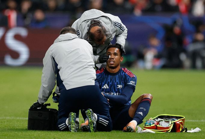 Gabriel Magalhães v zápase Ligy mistrů Slavia - Arsenal