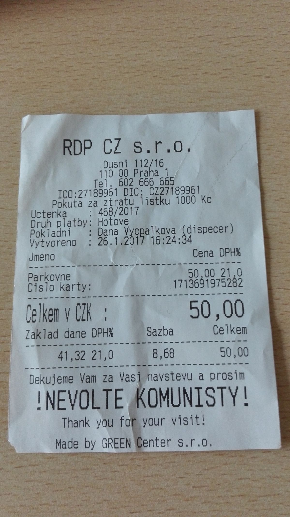 Zajímavá účtenka - Agitační - Nevolte komunisty