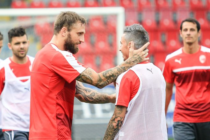 Tisková konference a trénink Viktorie Plzeň před 3. předkolem Ligy mistrů 2016. Jan Holenda a Milan Petržela