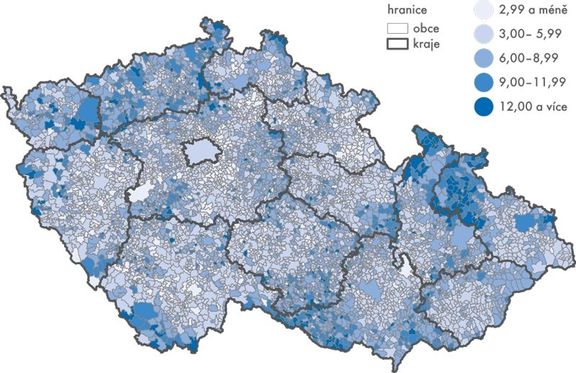 Názornější přehled ohledně celorepublikové situace na úrovni obcí poskytuje mapa, do níž Český statistický úřad promítl údaje zatím jen ke konci roku 2015.