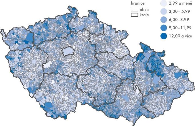 Nezaměstnanost v obcích k 31. prosinci 2015 (podíl dosažitelných uchazečů o zaměstnání ve věku 15–64 let ze všech obyvatel ve stejném věku, v procentech)