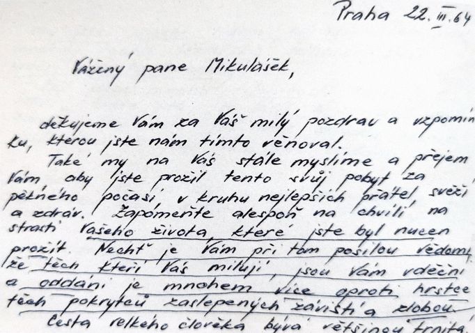 Po jeho propuštění z vězení mu lidé psali povzbudivé pozdravy. Rok 1964.