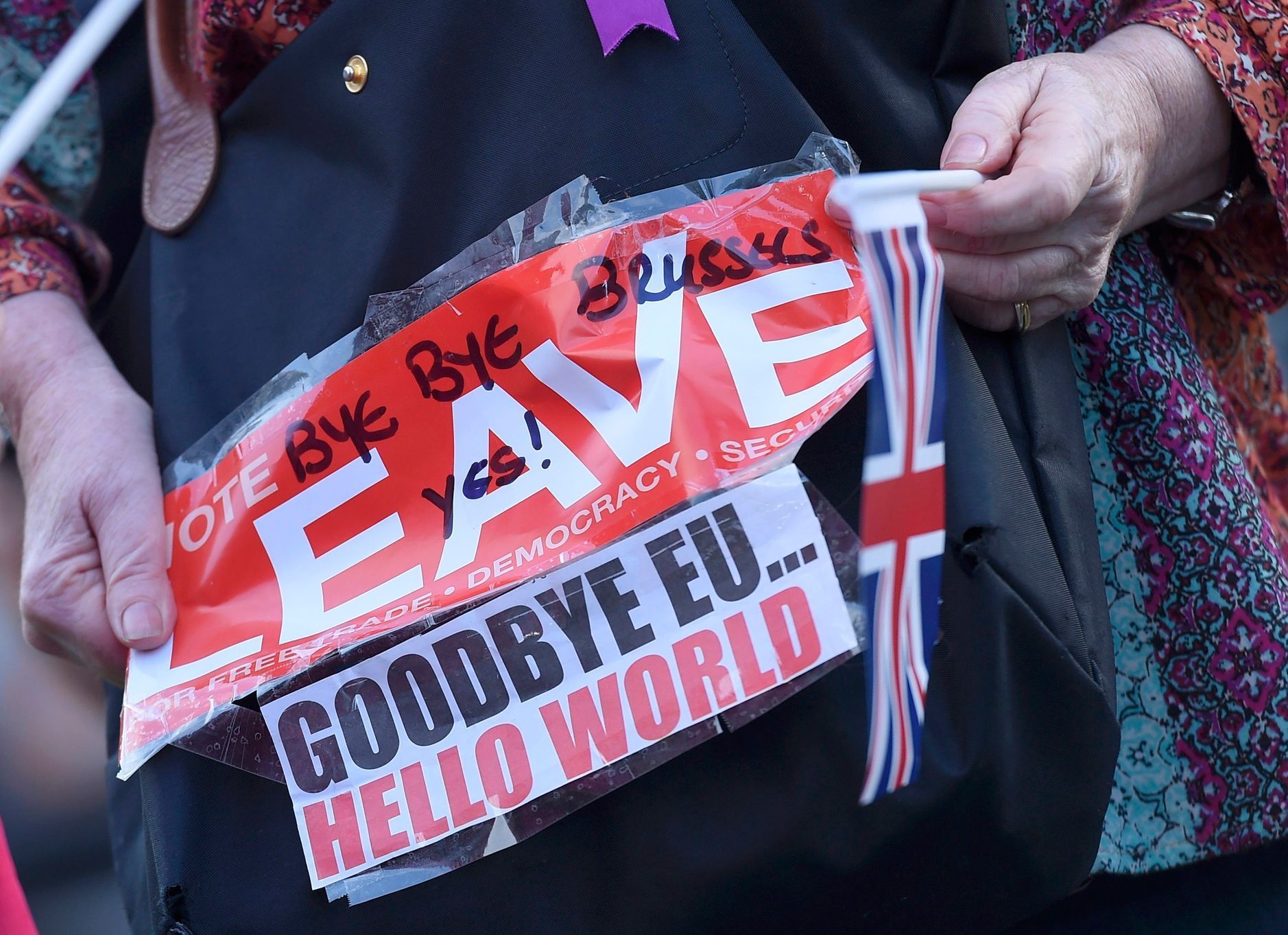 Brexit A vote leave supporter holds a poster in Westminster, London
