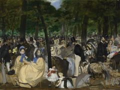 Podle některých nedokončené dílo zachycuje dav, který se sešel k poslechu hudby v pařížské veřejné zahradě. Z plátna dýchá uvolněná nálada tehdejší Paříže a Manet zde kromě sebe namaloval i svou rodinu a přátele. Obraz se považuje za Manetovo první velké plátno, které si za téma bere městský moderní život. Edouard Manet - Music in the Tuileries Gardens, 1862 olej na plátně, 76.2 x 118.1 cm The National Gallery, London. Sir Hugh Lane Bequest, 1917