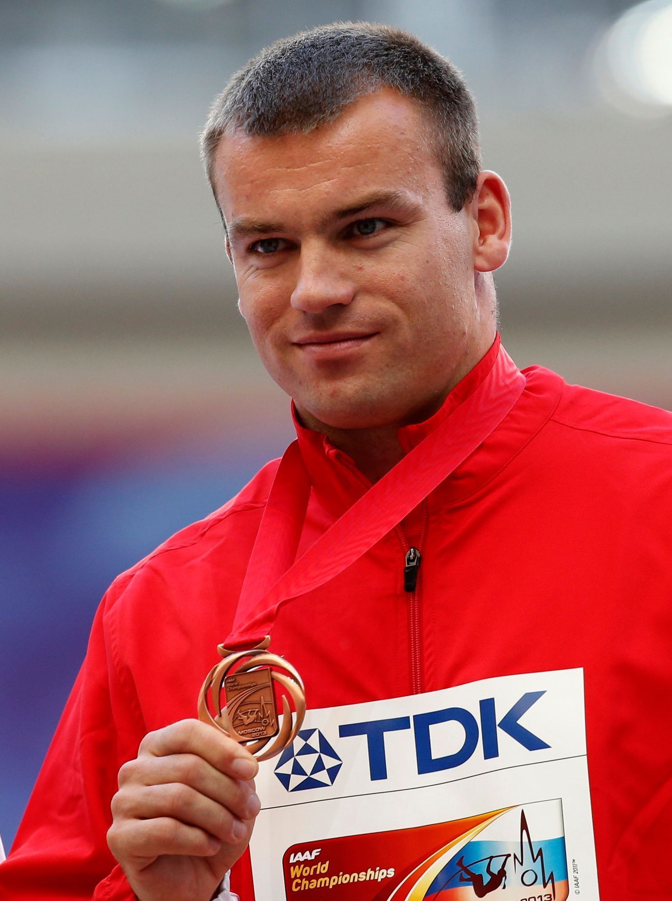 MS v atletice 2013, hod kladivem: Lukáš Melich s bronzovou medailí