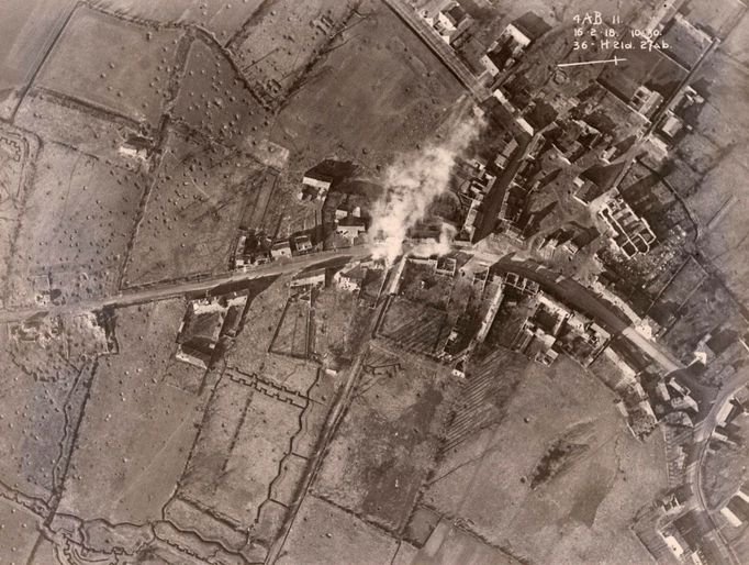 An aerial photograph taken from a British aeroplane shows bomb damage on the Western Front, in this February 16, 1918 handout picture.