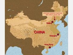 Mapa s místem nálezu, severovýchodně od Pekingu.