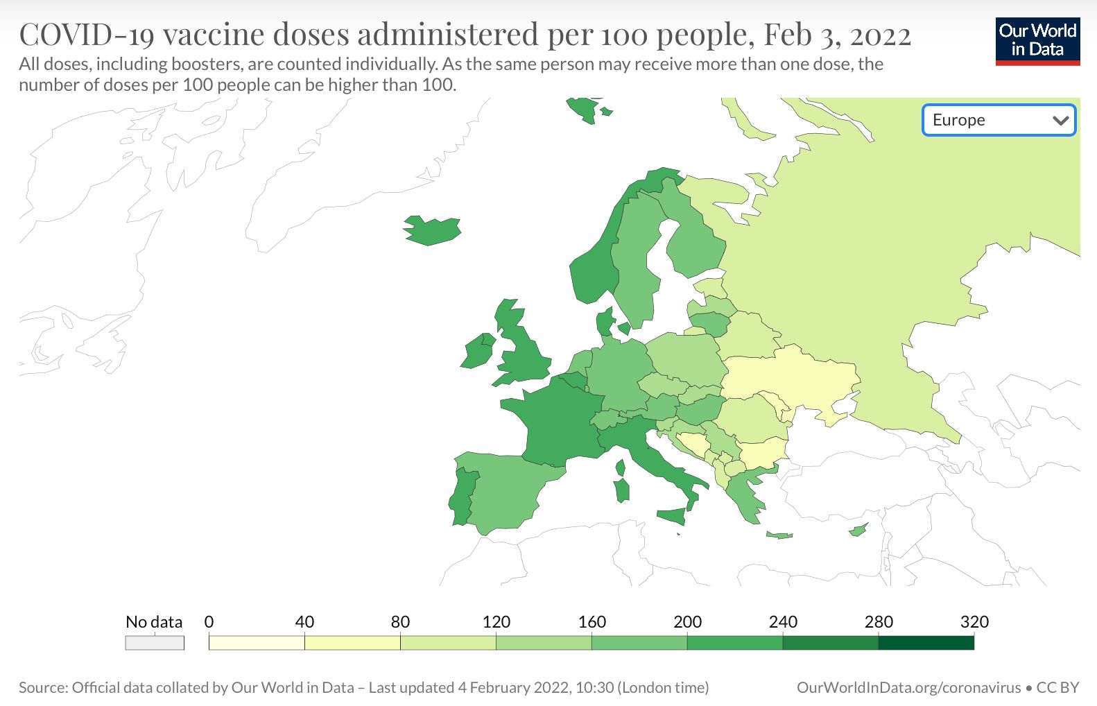 Aktuální data k očkování v Evropě - na obrázku jde názorně vidět rozdíl mezi Západem a Východem.