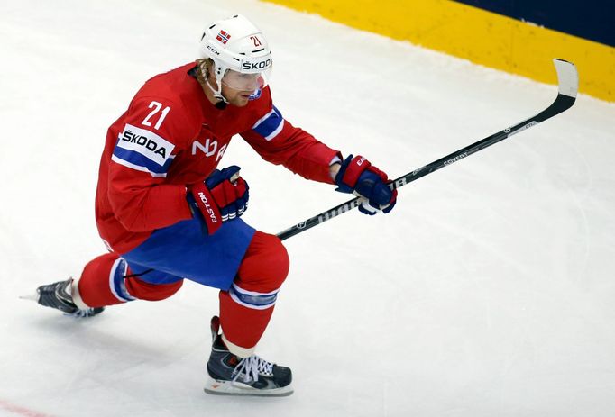 Norway's Morten Ask celebrates his goal against Slovakia during the first period of their men's ice hockey World Championship group A game at Chizhovka Arena in Minsk May