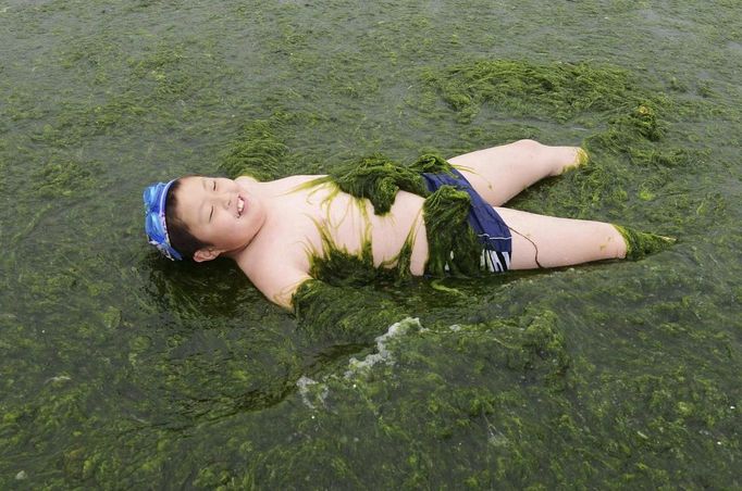 A boy plays on an algae-covered seaside in Qingdao, Shandong province, June 22, 2013. Picture taken June 22, 2013. REUTERS/China Daily (CHINA - Tags: ENVIRONMENT SOCIETY) CHINA OUT. NO COMMERCIAL OR EDITORIAL SALES IN CHINA Published: Čer. 26, 2013, 6 dop.