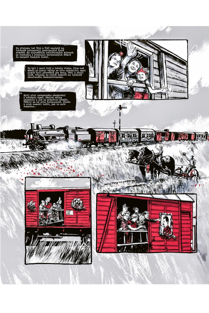 Ukázka z komiksu Temné obilí (2025) autorů Martina Šinkovského a Petra Nováka (TICHO762), který zpracovává masakr na Švédských šancích z června 1945.