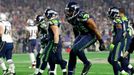 Feb 1, 2015; Glendale, AZ, USA; Seattle Seahawks middle linebacker Bobby Wagner (54) celebrates after an interception during the third quarter against the New England Pat