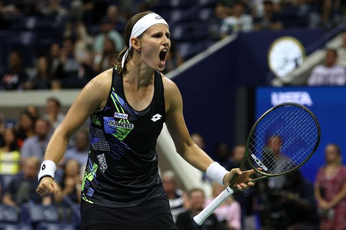 Tennis - U.S. Open - Flushing Meadows, New York, United States - August 29, 2023 Belgium's Greet Minnen celebrates winning her first round match against Venus Williams of