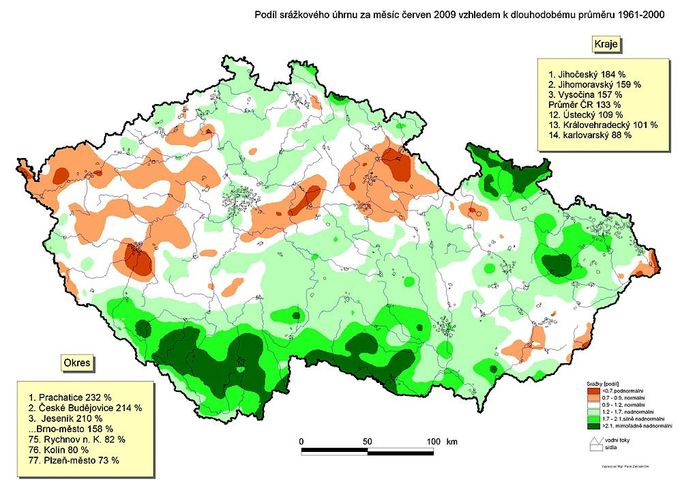 Mapa ukazuje, kde a jak pršelo v červnu 2009