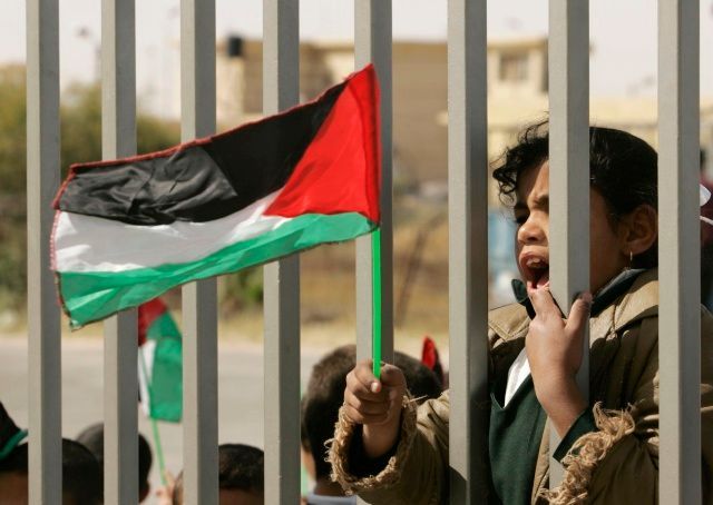 Palestinská holčička s vlajkou a plotem