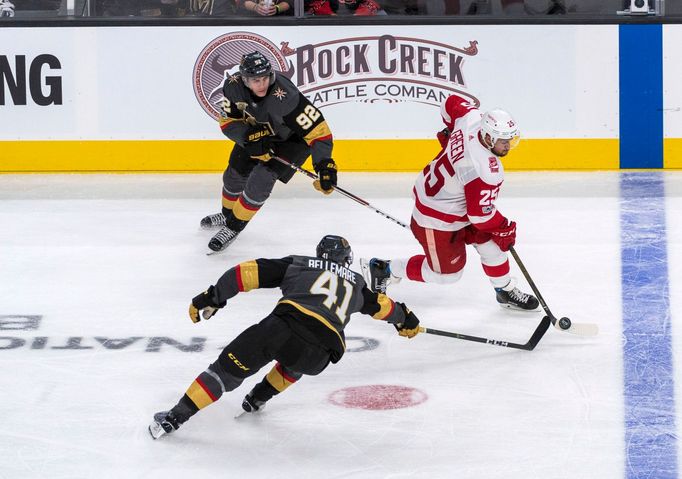 NHL, Las Vegas-Detroit:  Pierre-Edouard Bellemare (41) a Tomáš Nosek (92) - Mike Green (25)