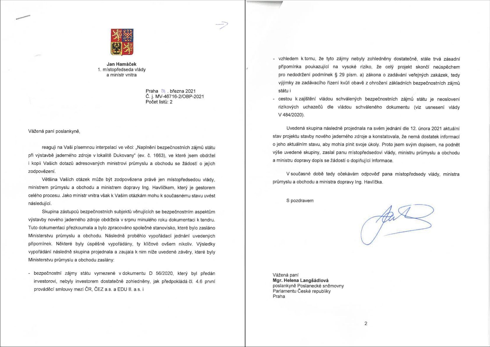 Odpověď ministra vnitra Jana Hamáčka na interpelaci ohledně Dukovan.