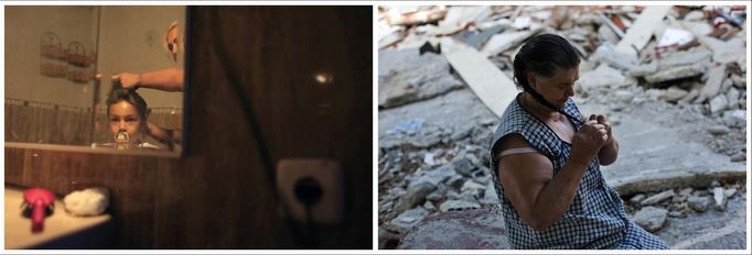 A combination photo shows Shakira Gabarri (L) getting her hair combed by her mother Gema Nieto at her grandparents' home, where they lived, in Madrid's Spanish gypsy settlement of Puerta de Hierro September 12, 2011 and Shakira's great-grandmother Catalina Jimenez (R) braiding her hair next to the remains of Shakira's grandparent's house two weeks after it was demolished, August 1, 2012. Fifty-four families have been living in Puerta de Hierro, on the banks of the Manzanares river for over 50 years. Since the summer of 2010, the community has been subject to evictions on the grounds that the dwellings are illegal. Families whose houses have been demolished, move in with relatives whose houses still remain while the debris keeps piling up around them as more demolitions take place. REUTERS/Susana Vera (SPAIN - Tags: SOCIETY) ATTENTION EDITORS - PICTURE 7 OF 31 FOR PACKAGE 'GYPSY SITE DEMOLISHED' SEARCH 'GYPSY SITE' FOR ALL IMAGES Published: Lis. 5, 2012, 4:11 odp.