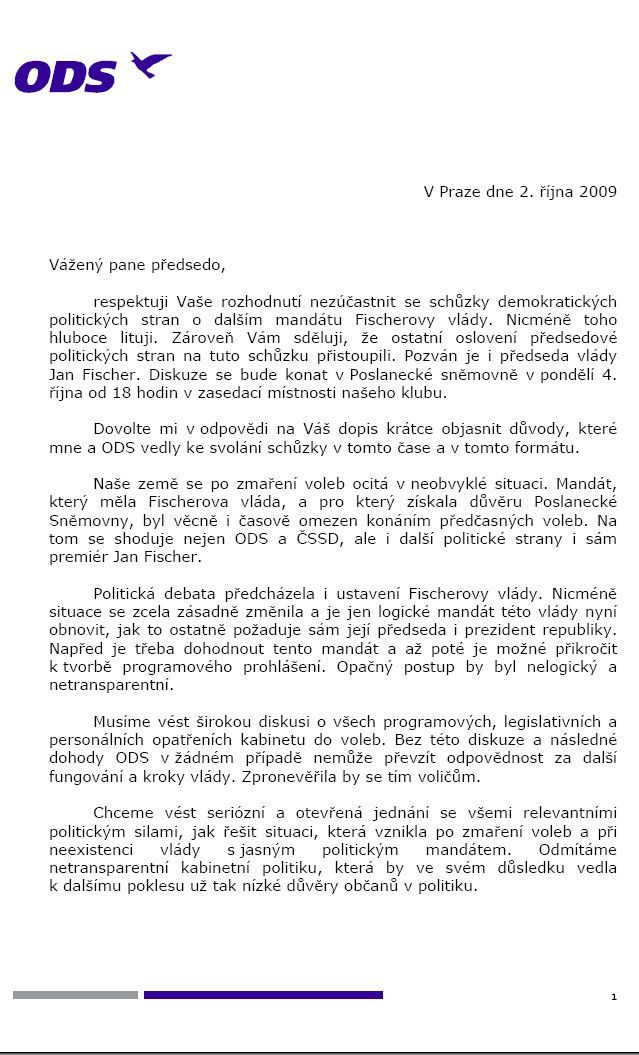 Dopis Mirka Topolánka Jiřímu Paroubkovi - strana 1