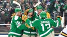 Jan 1, 2020; Dallas, TX, USA; Dallas Stars defenseman Andrej Sekera (5) celebrates with teammates after scoring a goal against the Nashville Predators during the third pe