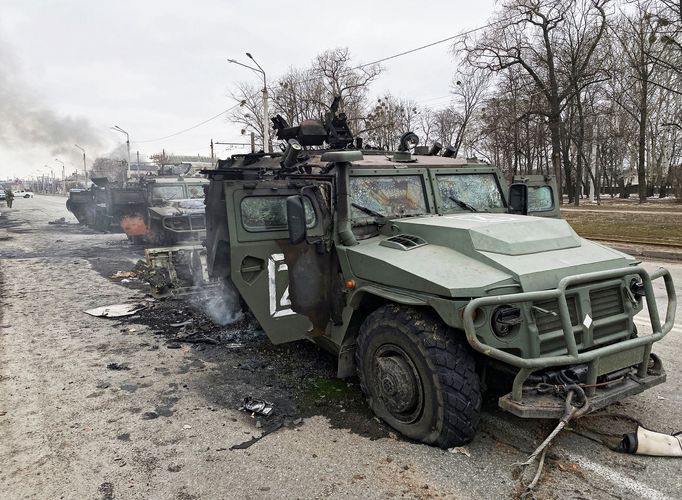 Zničená vojenská vozidla ruské armády v Charkově. 28. 2. 2022