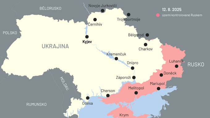 Mapa území Ukrajiny, které je kontrolované Ruskem, podle Institutu pro studium války k 12. srpnu 2025.