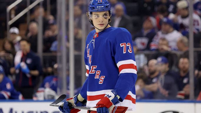 Feb 28, 2024; New York, New York, USA; New York Rangers center Matt Rempe (73) skates against the Columbus Blue Jackets during the first period at Madison Square Garden.