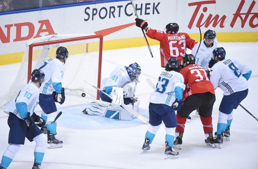 Kanada vs. Výběr Evropy, první finále Světového poháru (Halák, Marchand, Bergeron)