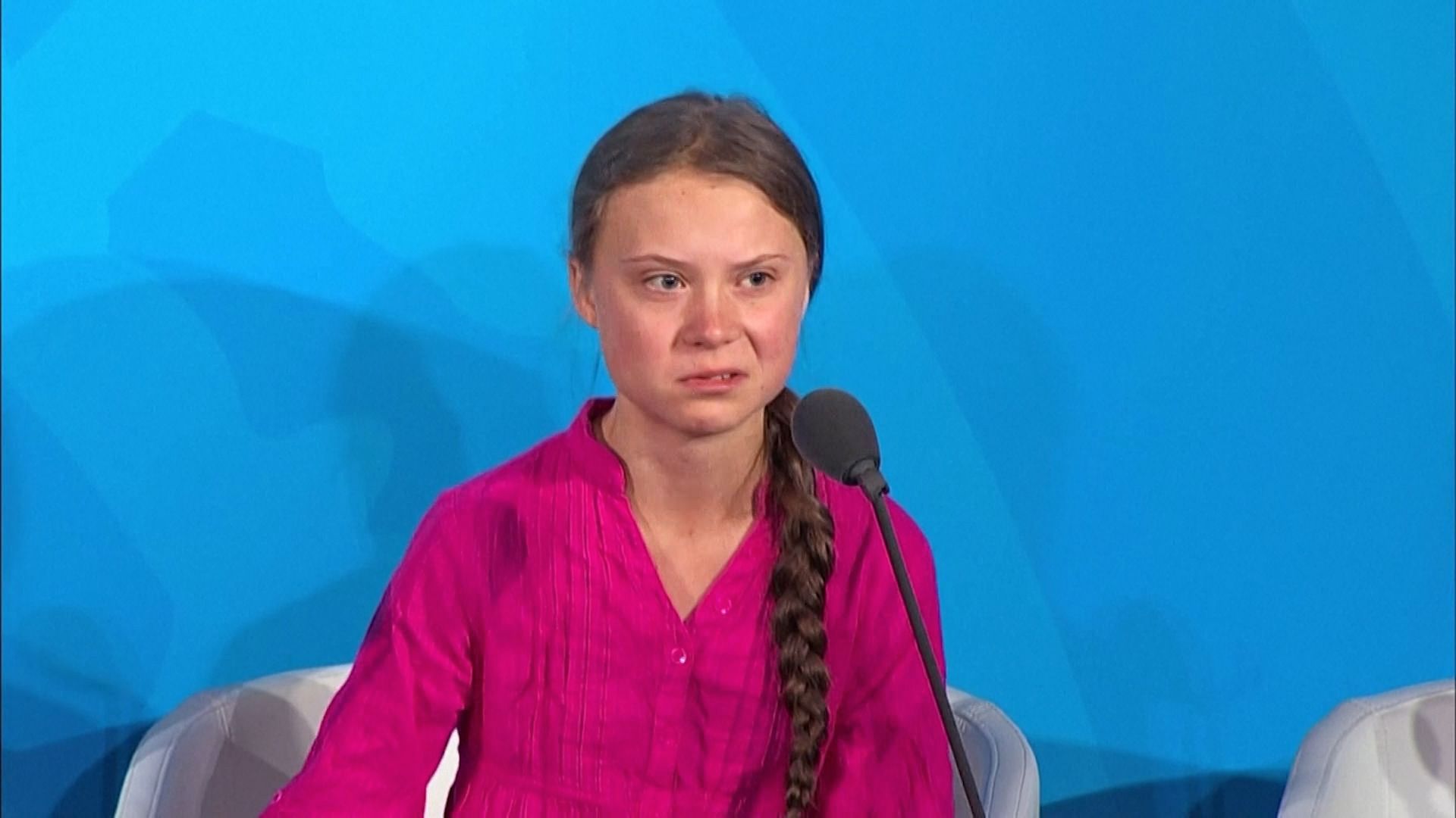 Aktivistka Greta Thunbergová při projevu v OSN.
