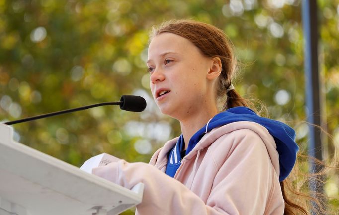 Švédská aktivistka Greta Thunbergová na demonstraci za klima ve městě Charlotte v americkém státě Severní Karolína 8. listopadu 2019