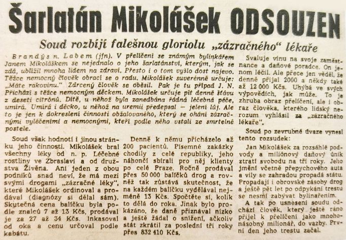 Článek v dobovém tisku informující o odsouzení Jana Mikoláška. Večerník Praha z 26. 1. 1959