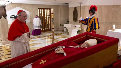 SENSITIVE MATERIAL. THIS IMAGE MAY OFFEND OR DISTURB    Cardinal Pietro Parolin, the Vatican's secretary of state, stands near the body of Pope Francis, placed in an open