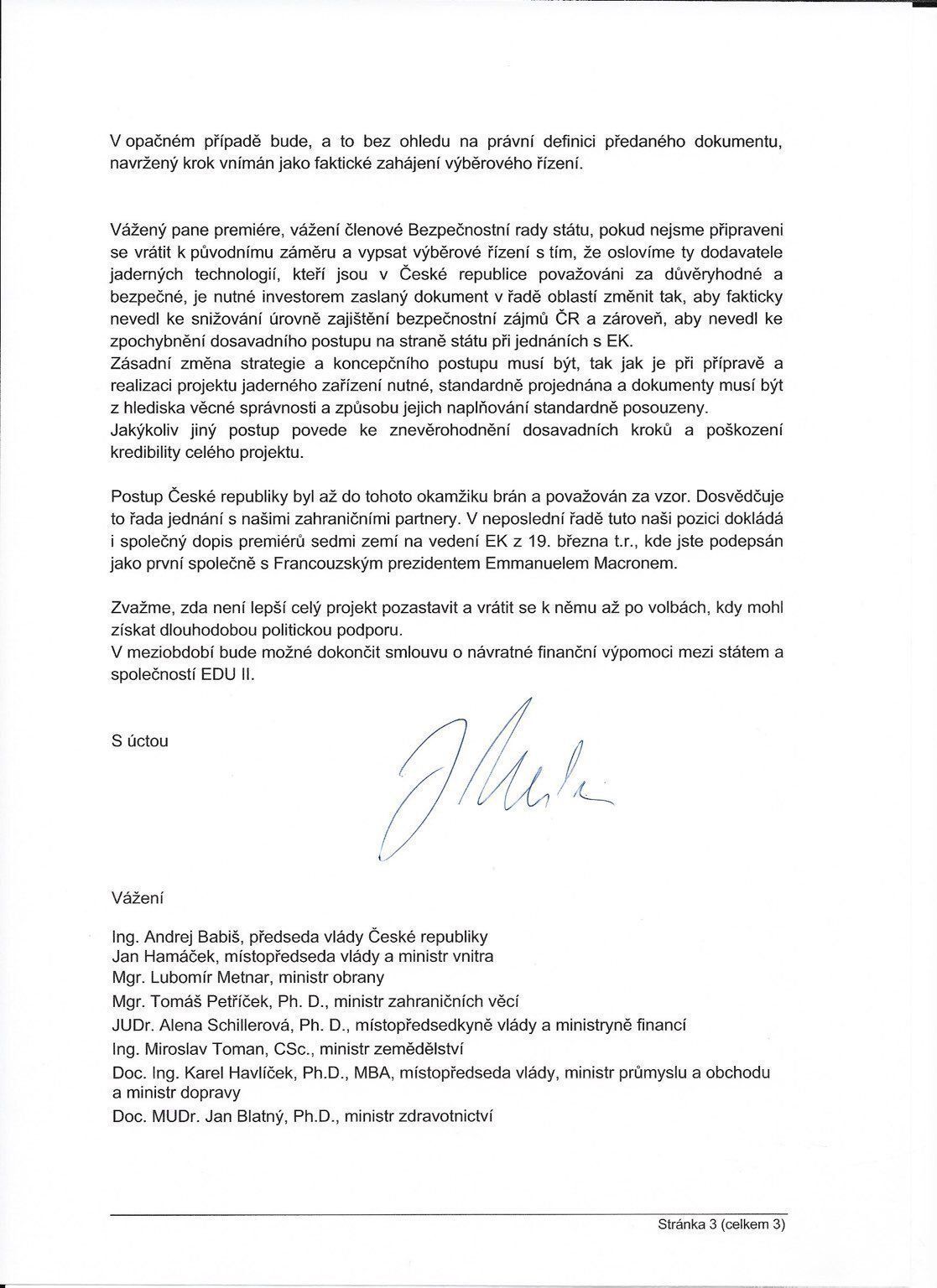 Dopis vládního zmocněnce pro jadernou energetiku Jaroslava Míla